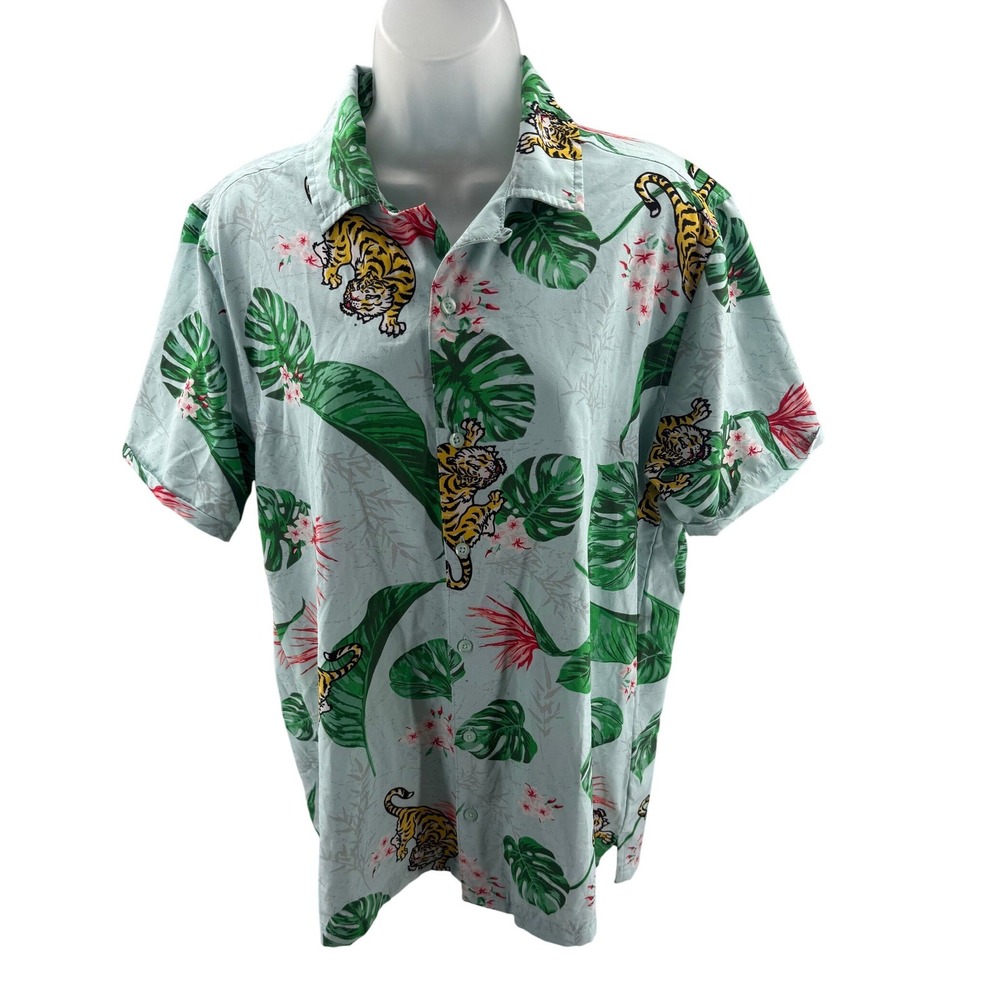 Good‎ Vibes Tiger Tropical Stretch Button Down Shirt Mens Medium